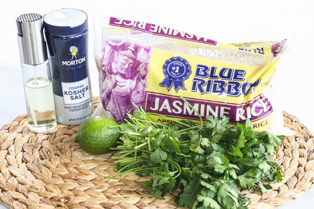 Ingredients to make chipotle cilantro lime rice including jasmine rice, fresh cilantro, lime juice, salt, oil