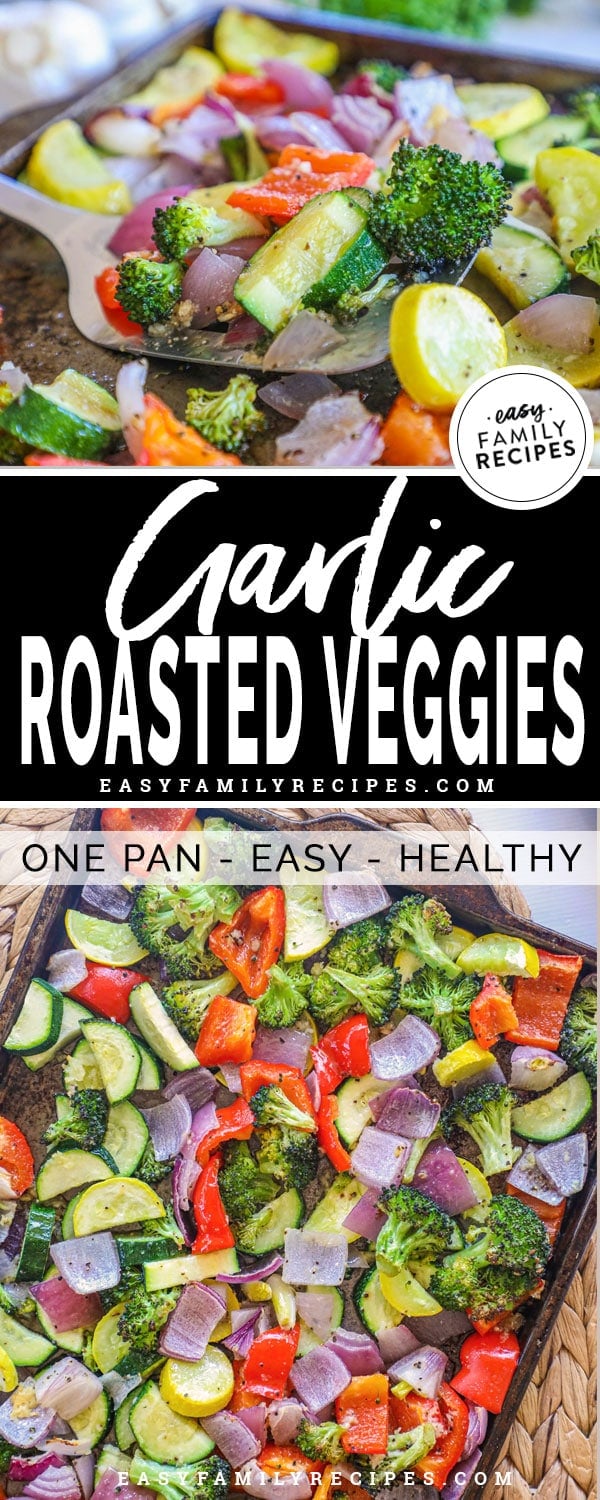 Baked garlic veggies on a cookie sheet fresh out of the oven