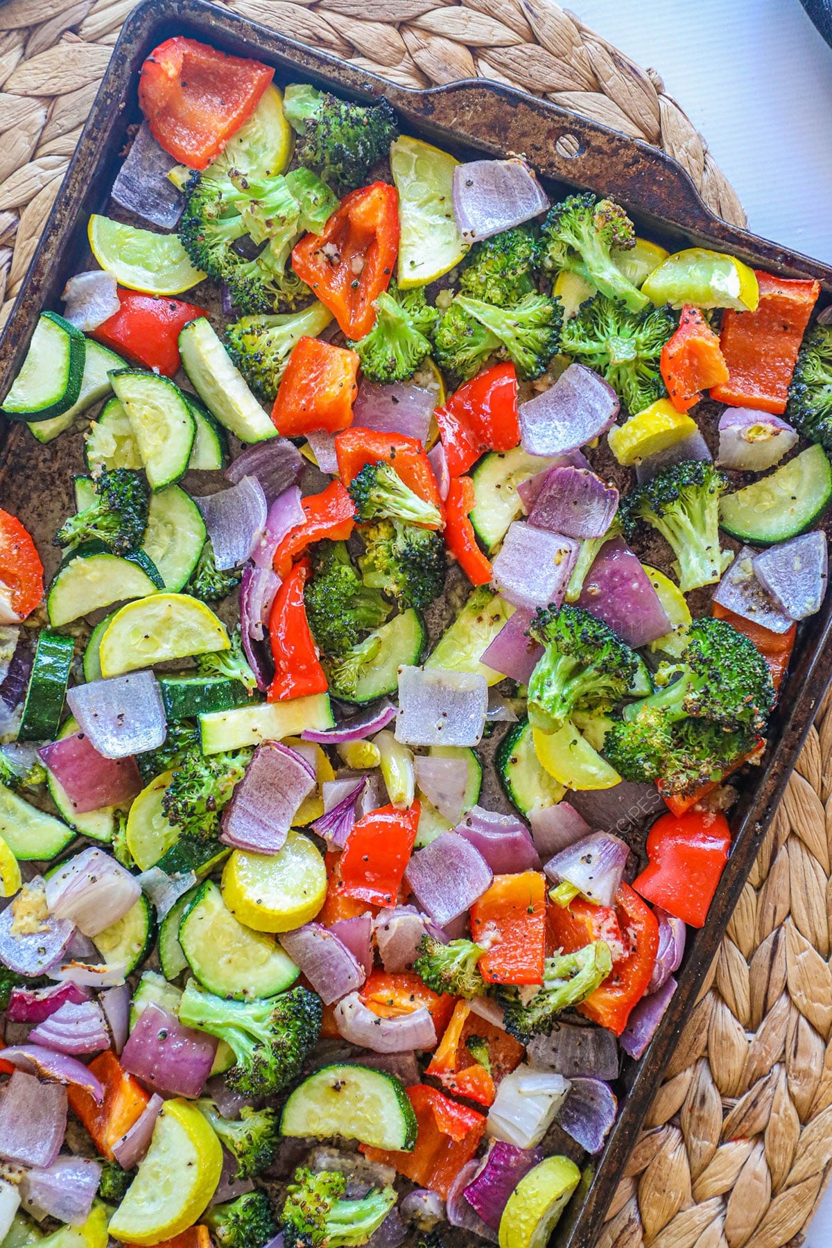 Roasted vegetables on a baking sheet