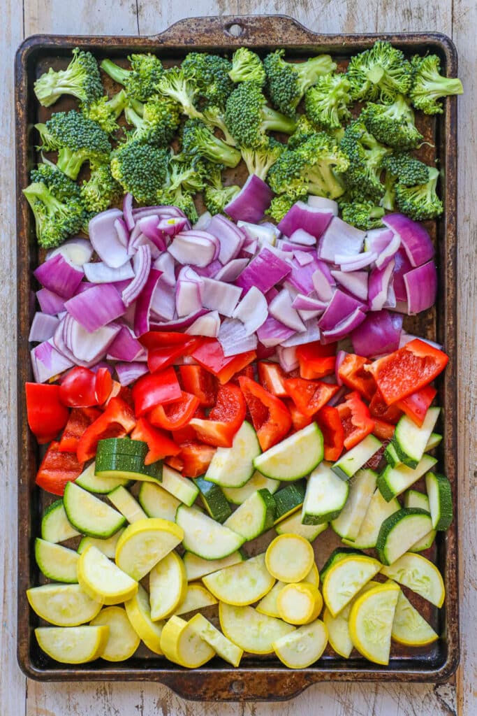 How to make roasted vegetables step 1 - after washing veggies, lay on a sheet pan