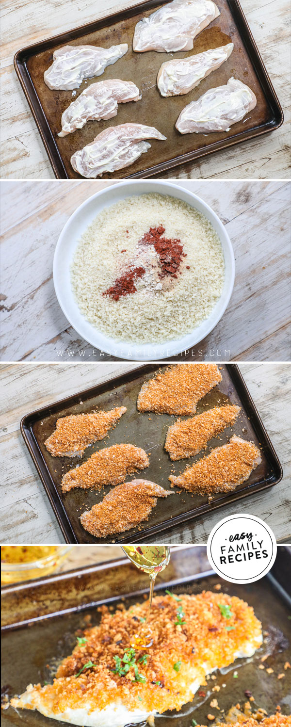 process photos for making Panko crusted chicken