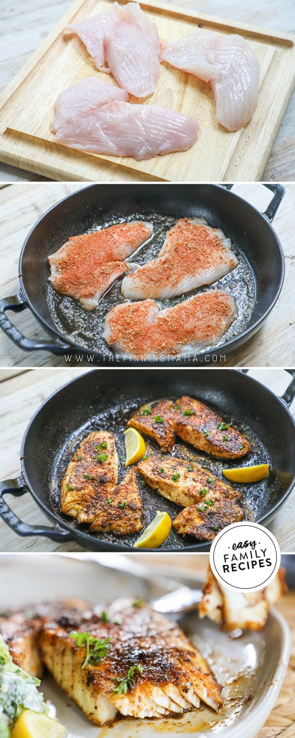 Process photos for how to cook blackened fish in cast iron skillet