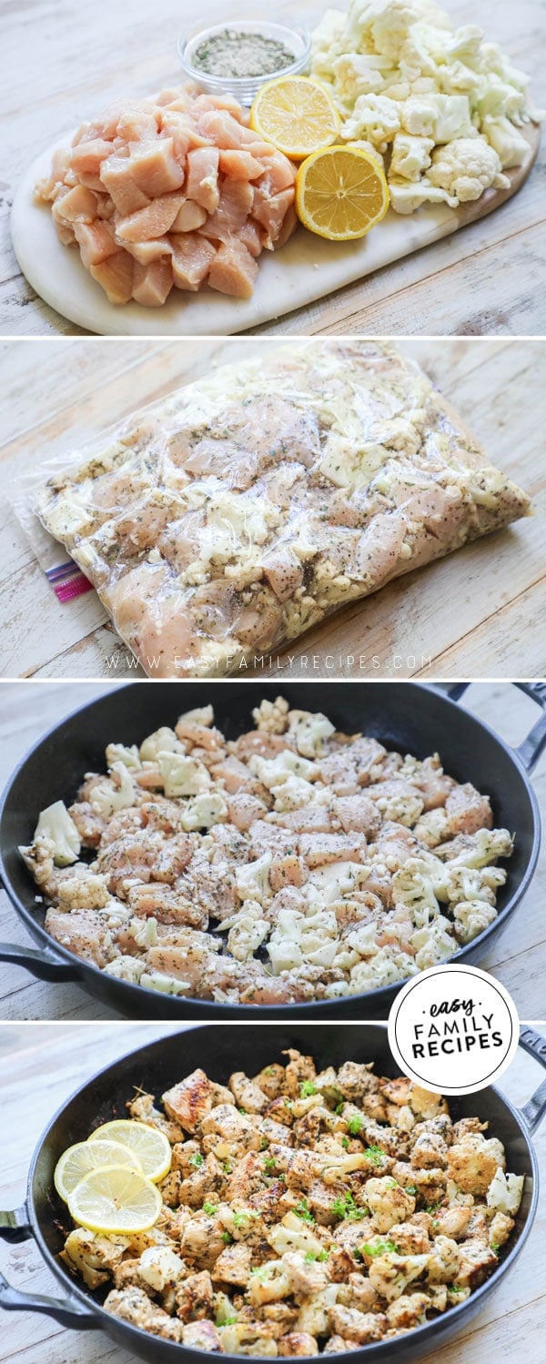 Process photos for how to make a healthy Greek Chicken and Cauliflower skillet