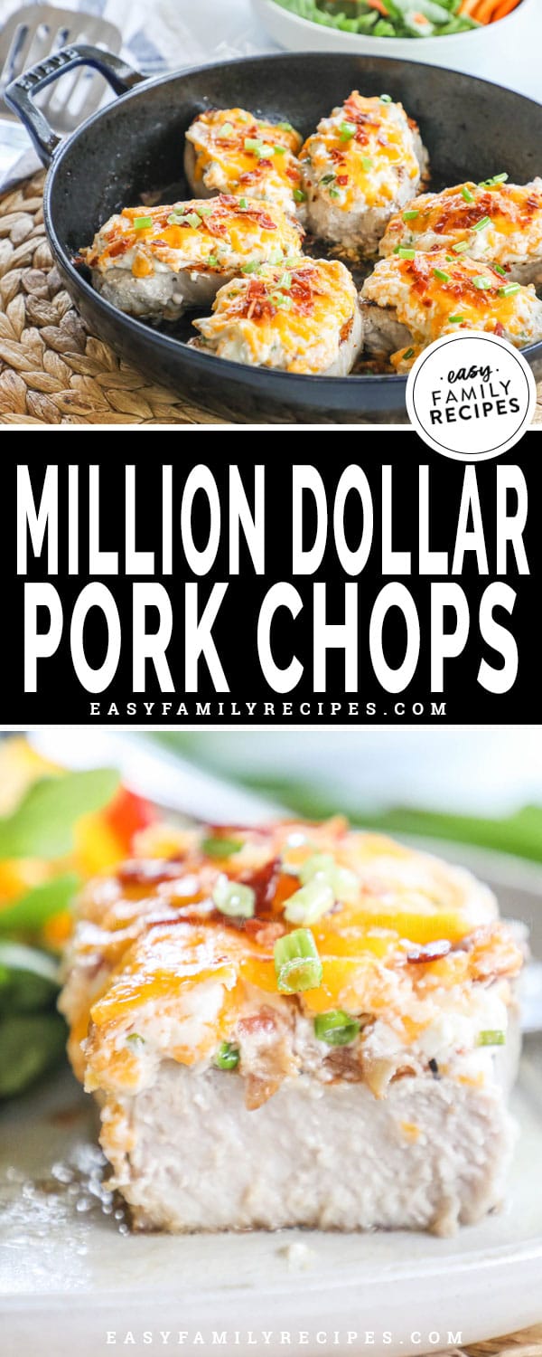 Baked Pork Chops covered in Million Dollar Dip cut to show tender juicy meat inside