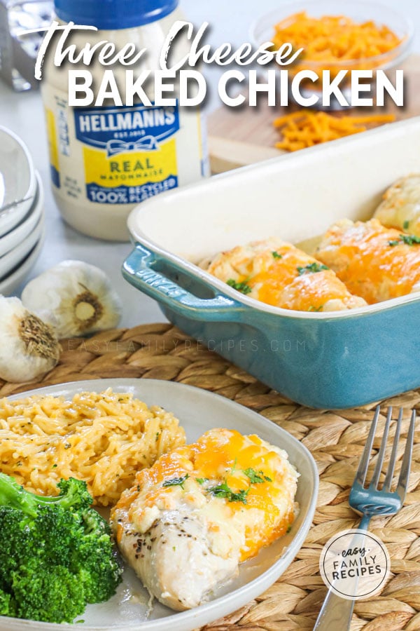 cheesy chicken on a plate with broccoli and rice