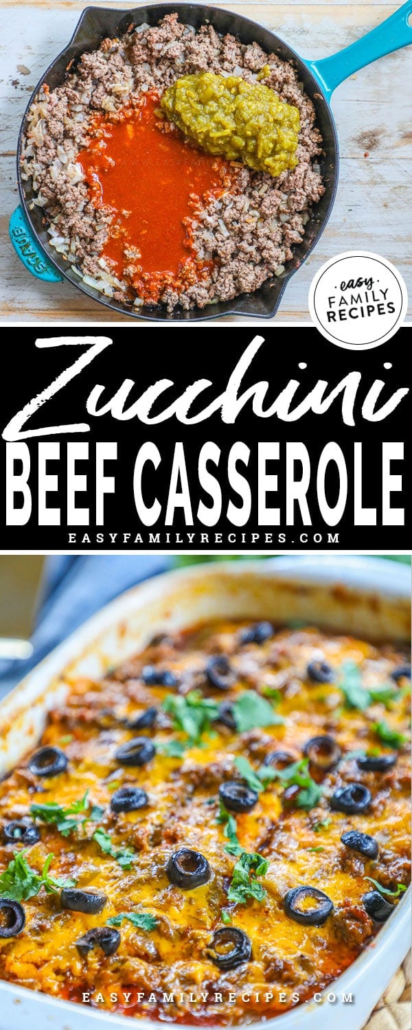 Beef enchilada casserole with zucchini being made in a skillet