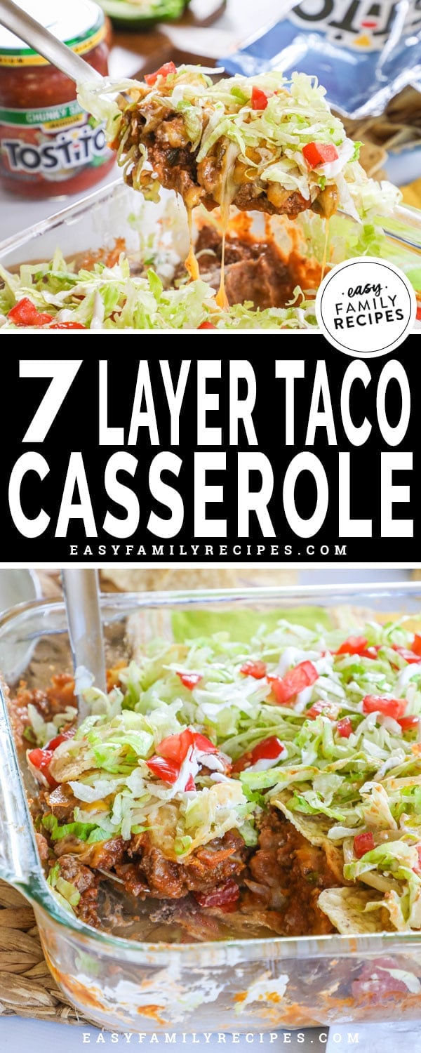 7 Layer Taco Casserole being scooped out of the casserole dish