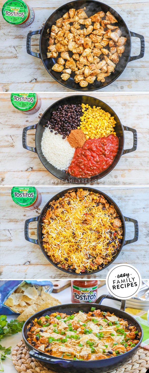 Process photos for how to make chicken burrito skillet