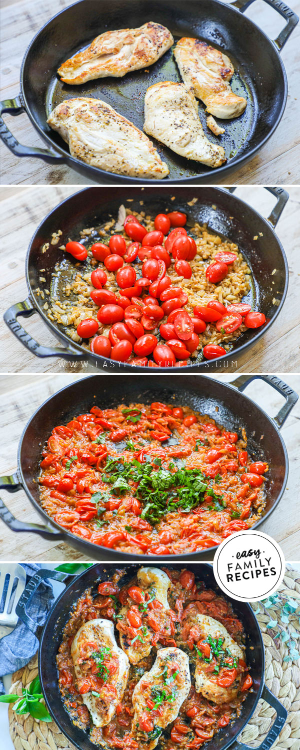 Process photos for how to make chicken pomodoro in a skillet