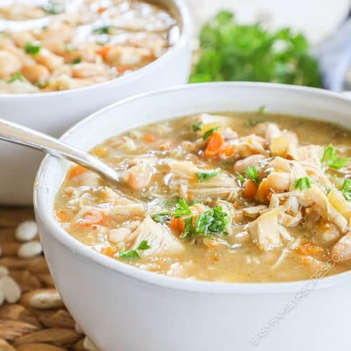 Leftover Turkey Bean soup in a bowl garnished with parsley