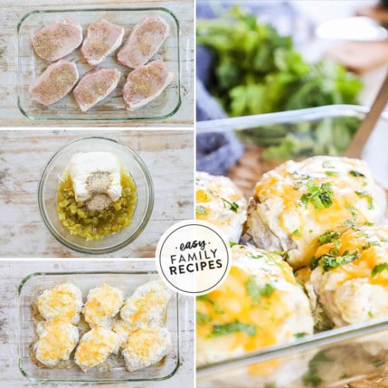 step by step for making baked pork chops smothered with green chile cheese sauce