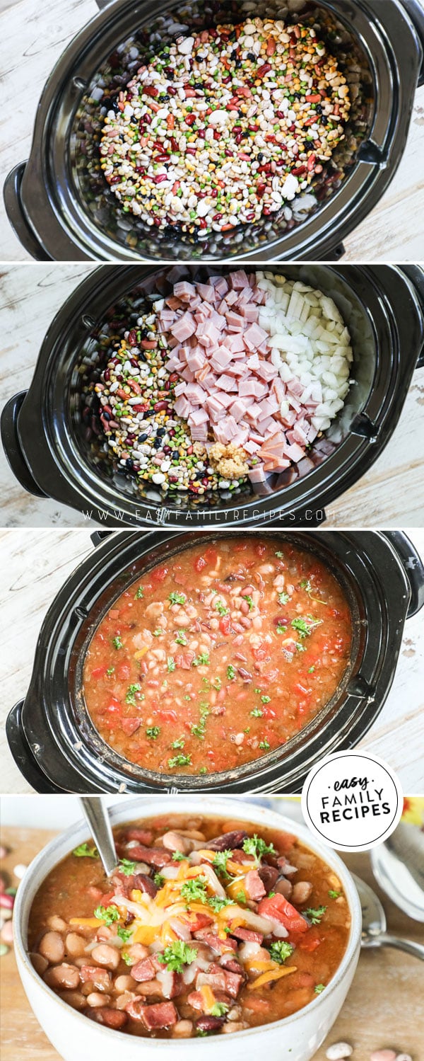 Process photos for how to make 15 bean soup in the crockpot