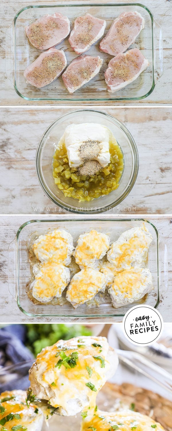 Process photos for how to make green chile smothered pork chops in the oven