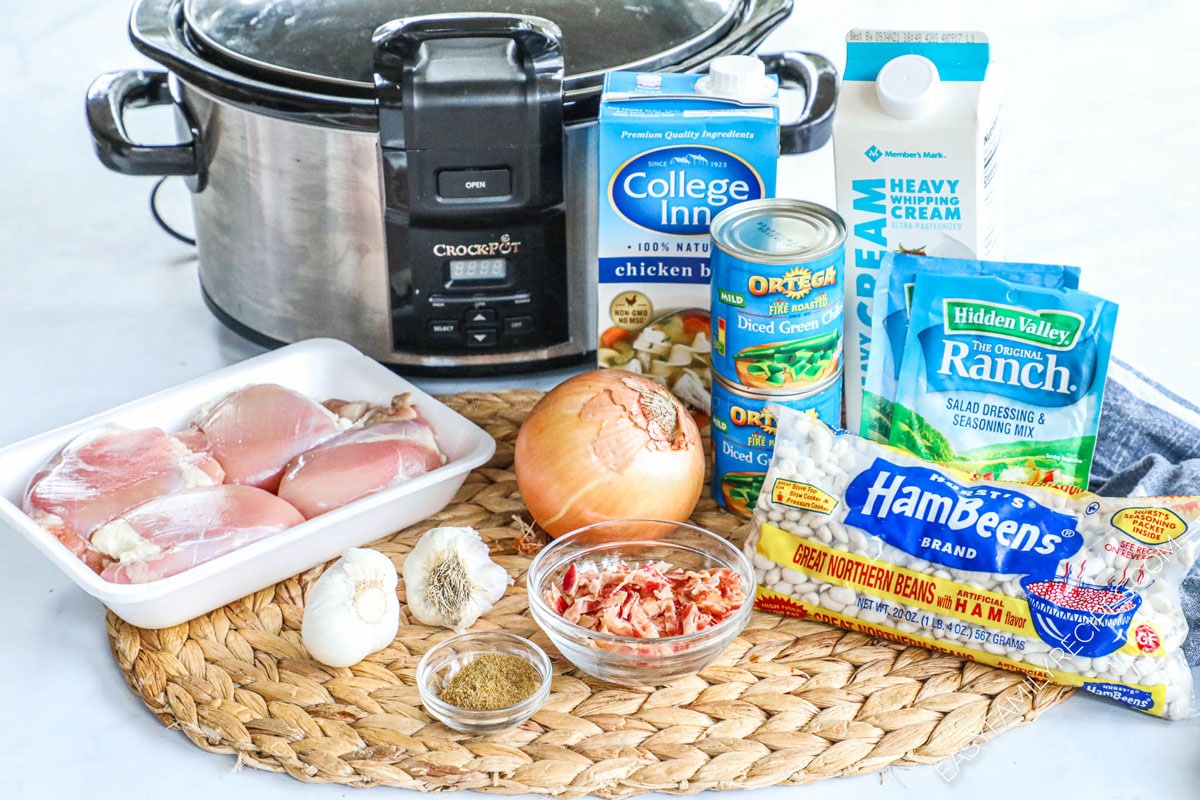 Ingredients to make Bacon Ranch White Chicken Chili