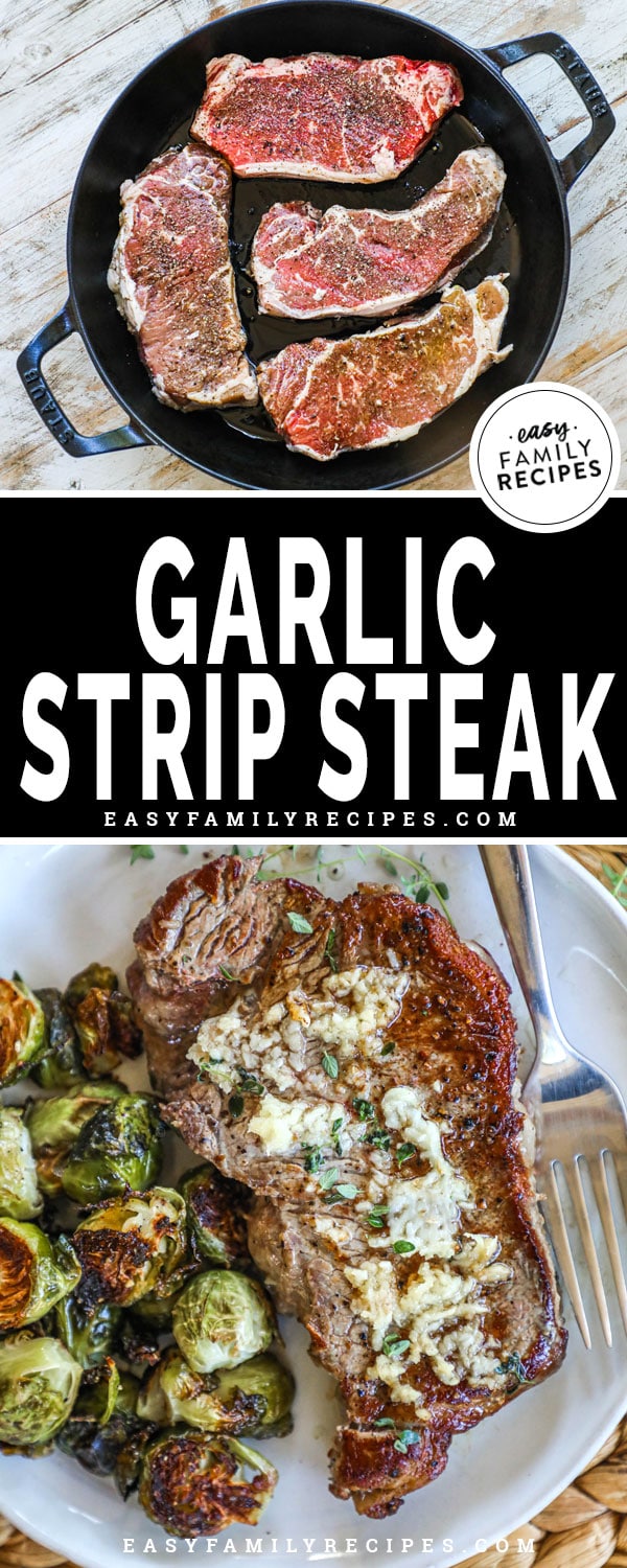 Strip Steak in a Cast Iron Skillet with garlic