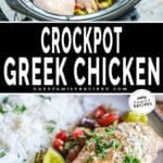 Top image is uncooked Greek chicken in crockpot. Bottom image is Greek chicken plated and ready to eat