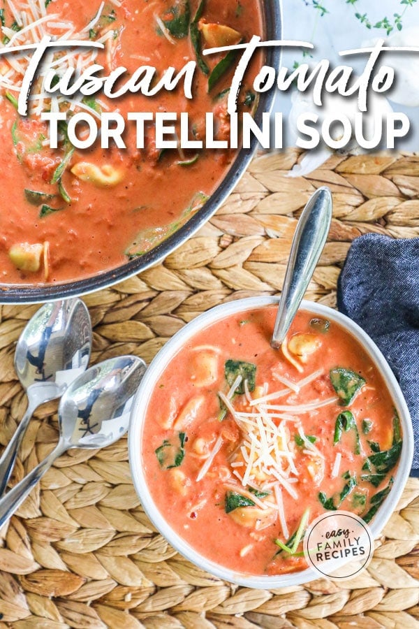 Tuscan Tomato Tortellini Soup topped with parmesan served in a bowl.