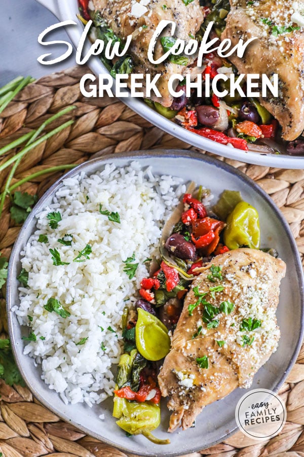 Plated Crock Pot Greek Chicken served with vegetables and rice