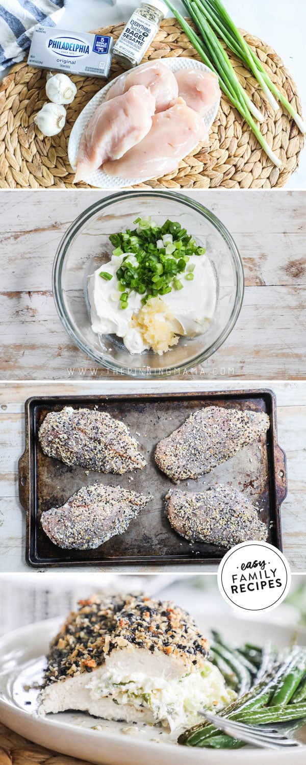 process photos for how to make Everything Chicken stuffed with cream cheese