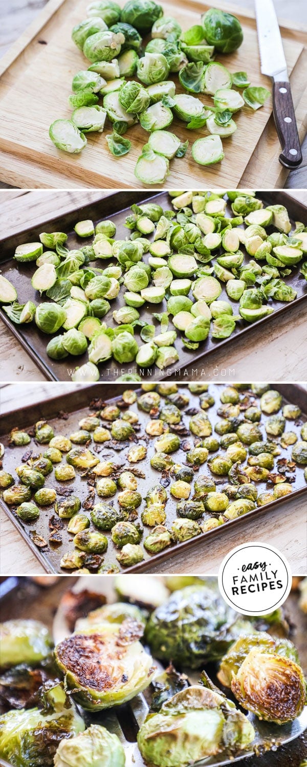 Process photos for how to make roasted brussels sprouts in the oven
