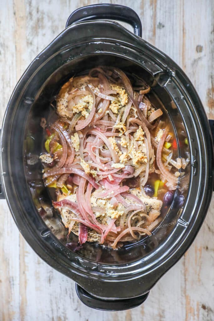 Step 2 Crockpot Greek Chicken - Cook on high for 2.5-3 hours, or low for 3.5-4 hours, or until the chicken is cooked through.