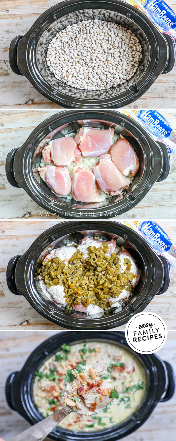 Process photos for how to make Bacon Ranch Chicken Chili in a slow cooker