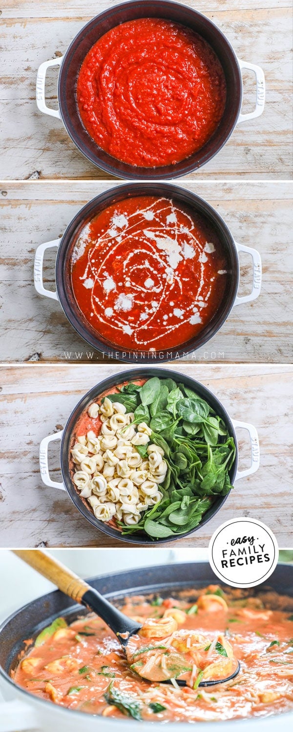 Process photos for how to make Tuscan Tomato Tortellini Soup