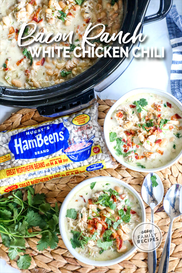 Crock pot with 2 bowls of Bacon Ranch White Chicken Chili
