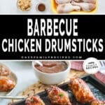 Ingredients for BBQ Chicken Drumsticks, then drumsticks on a baking sheet.