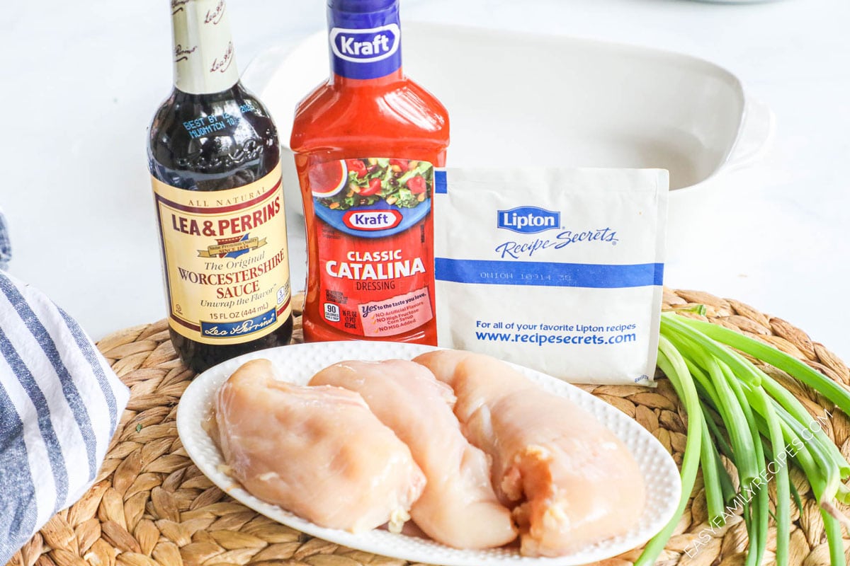 Ingredients for Baked Catalina Chicken including chicken breast, kraft catalina salad dressing, Worcestershire sauce, and lipton onion soup mix