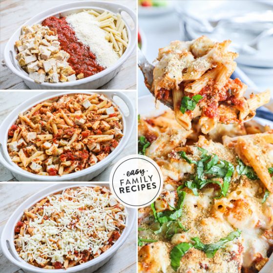 Steps for making chicken parm casserole recipe 1. Place noodles, sauce, cheese, and chicken in casserole dish. 2. Mix. 3 Top with cheese, bake and add bread crumbs . 4. Scooping the Baked Casserole garnished with basil