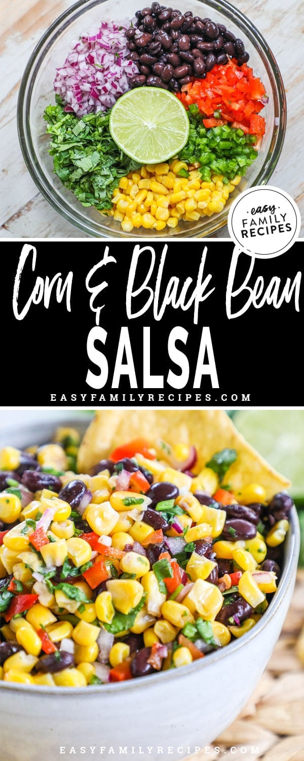Top image bowl with ingredients for black bean salsa separated and ready to mix. Bottom: Corn Salsa mixed and ready to serve in a bowl