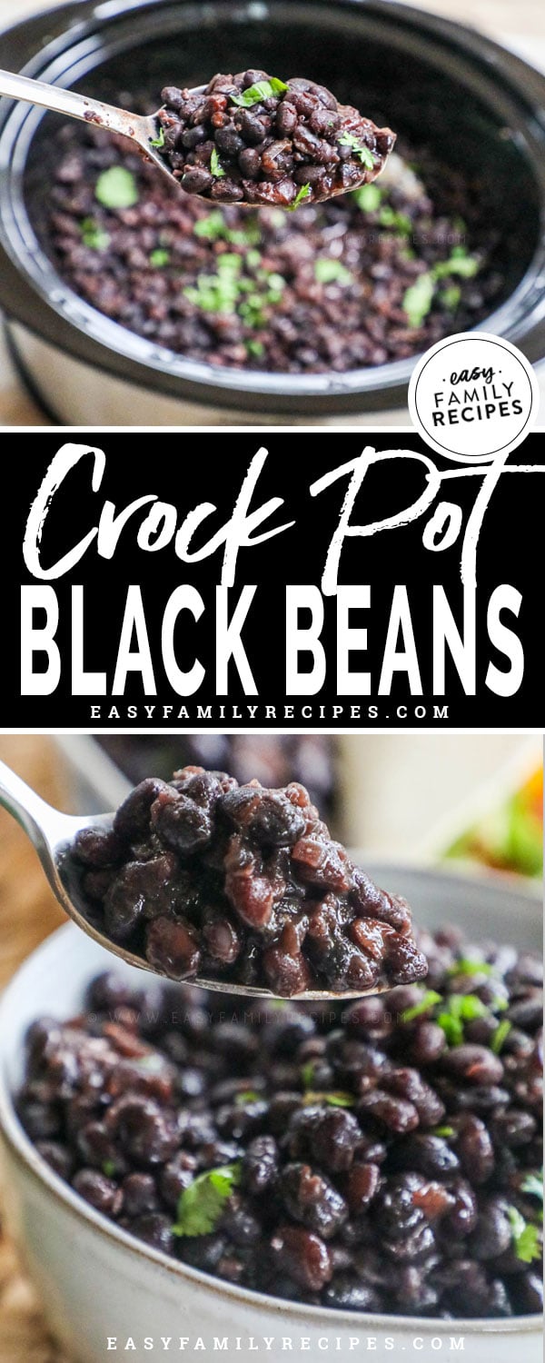 Scooping black beans out of a slow cooker