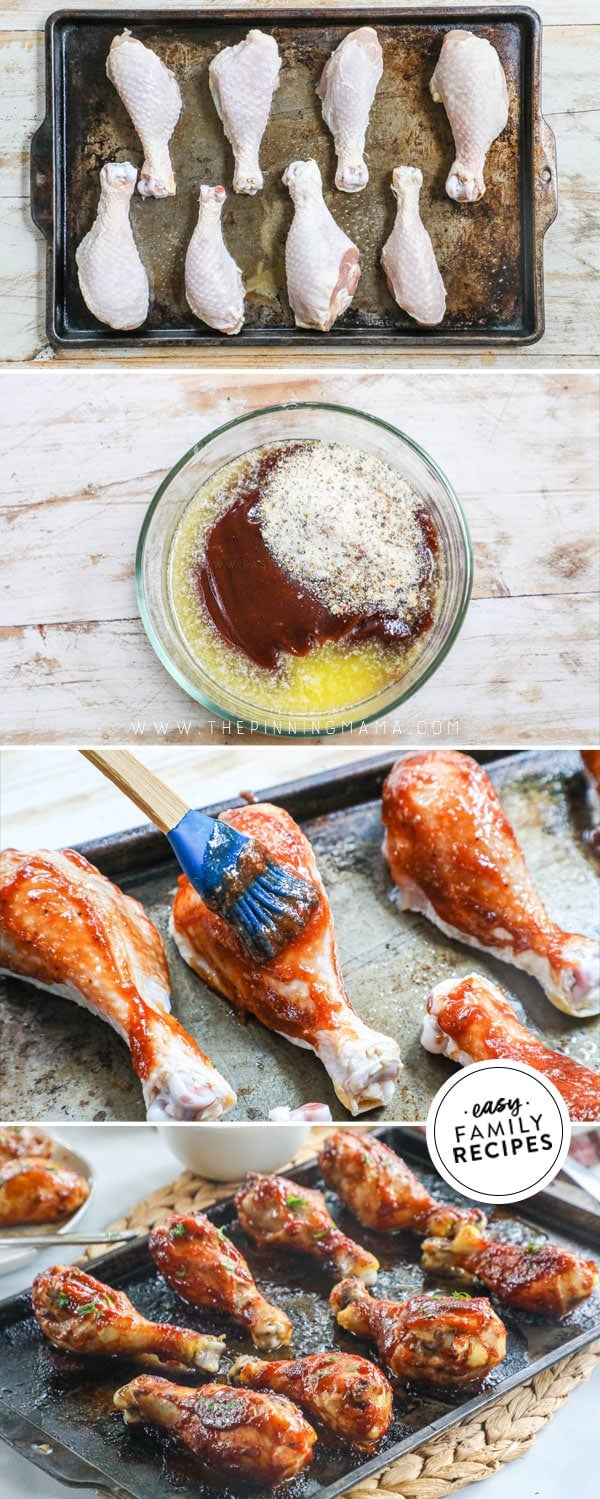 Process photos for how to make BBQ Chicken Drumsticks in the oven