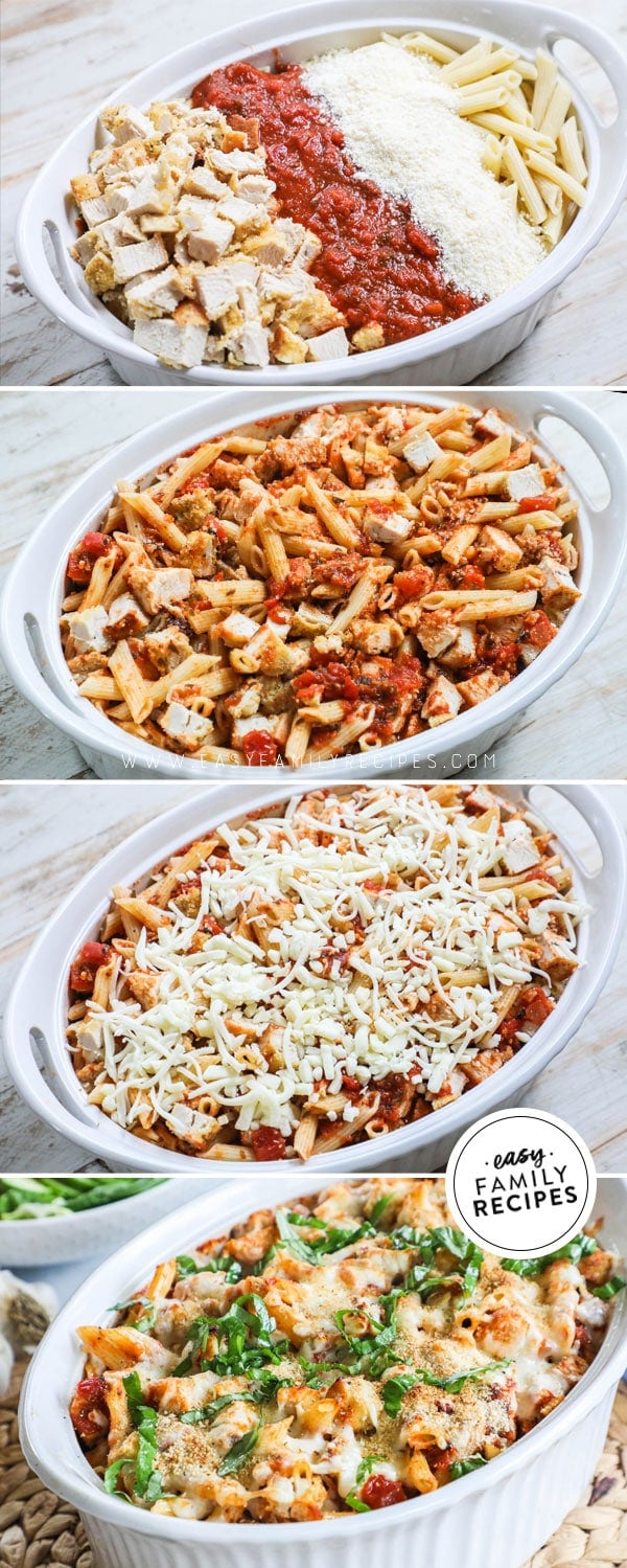 Process photos for how to make chicken parmesan casserole. 1. Place noodles, sauce, cheese, and chicken in casserole dish. 2. Mix. 3 Top with cheese, bake and add bread crumbs . 4. Baked Casserole garnished with basil