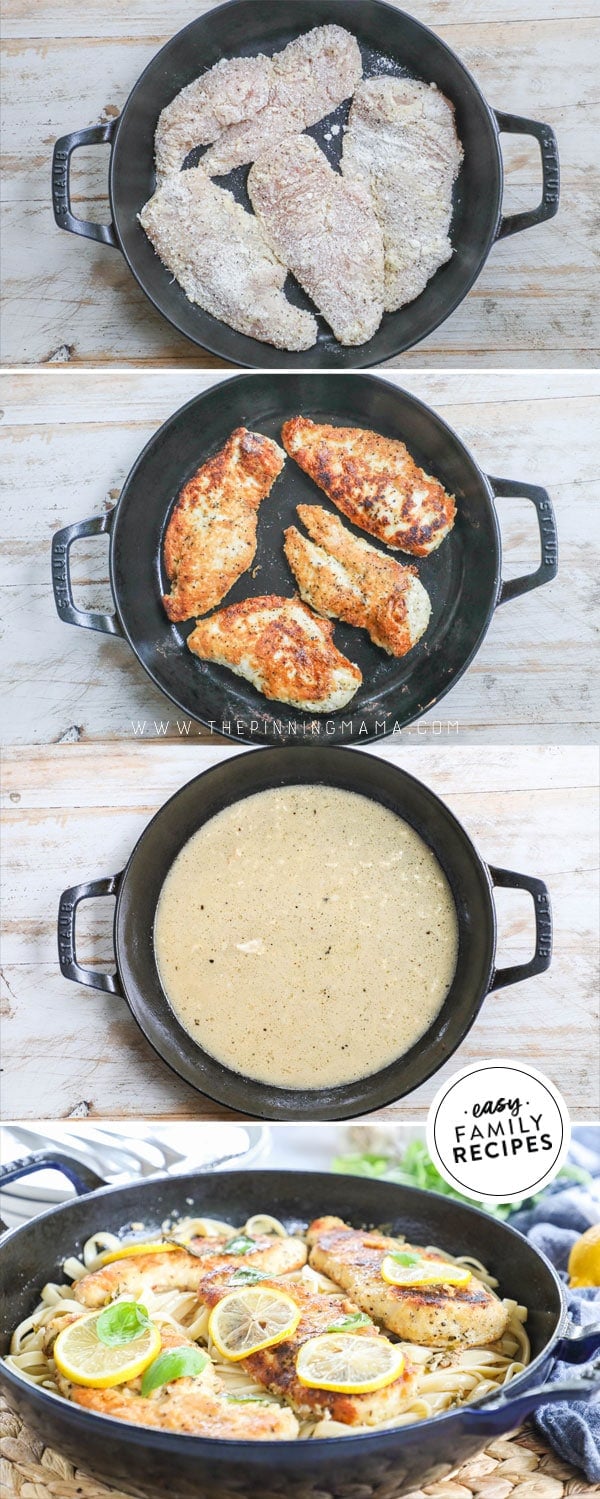 process photos for how to make lemon chicken pasta