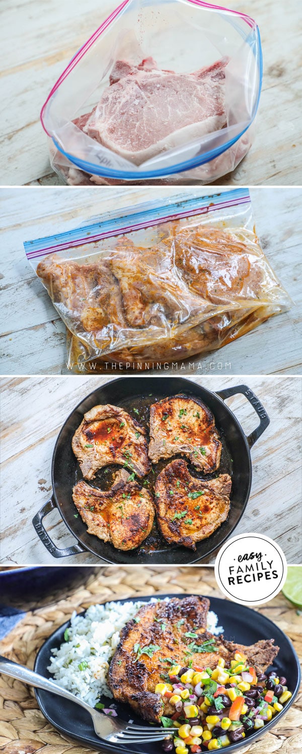 Process photos for how to make Bone In Pork Chops in cast iron skillet