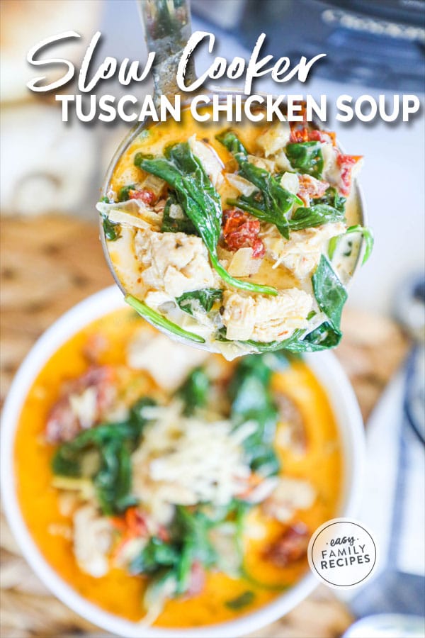 Serving Creamy Tuscan Chicken Soup from the crockpot to a bowl