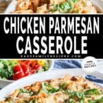 Big spoonful of chicken parmesan casserole with pasta being lifted from dish and the full casserole dish ready to eat.