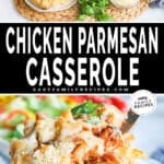 Ingredients for making chicken parmesan casserole recipe and then the prepared casserole baked and ready to eat.