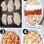 Process photos for how to make easy chicken parmesan casserole recipe.