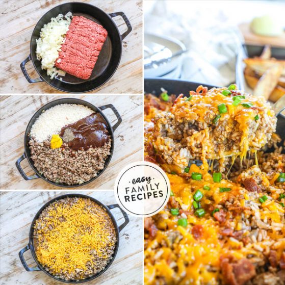 Step by step for making Cheeseburger RIce Casserole - 1. Brown ground beef 2. Add BBQ sauce, mustard, rice, and broth 3. Add cheese and simmer 4. Garnish with green onions and bacon