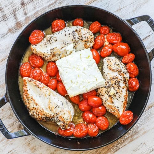 Baked Feta Chicken in pan ready to go into oven