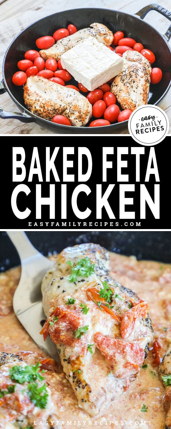 Skillet with chicken, tomatoes, feta and garlic and then baked feta chicken ready to serve