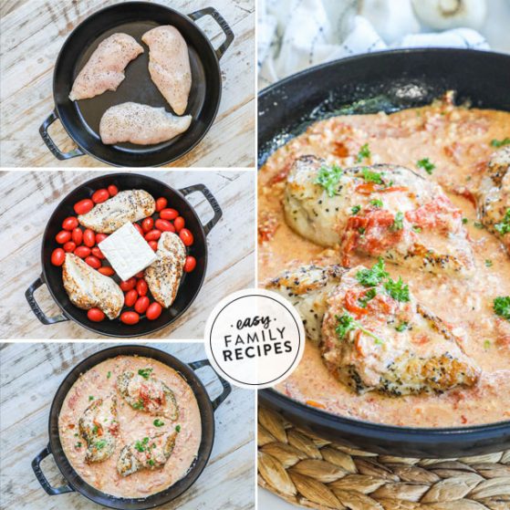 Step by step for making baked feta chicken: 1. Brown chicken breast in a skillet 2 Add tomatoes garlic and feta cheese, 3. Bake and mix together 4. Serve garnished with basil
