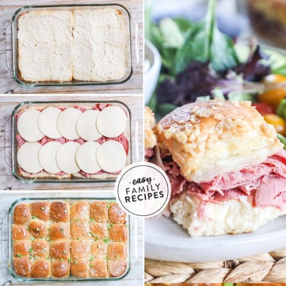 Step by step for making Roast Beef Sliders with deli meat 1. Spread rolls with horseradish mayo, 2. Layer roast beef deli meat and cheese, 3. Top with rolls and melted butter mixture
