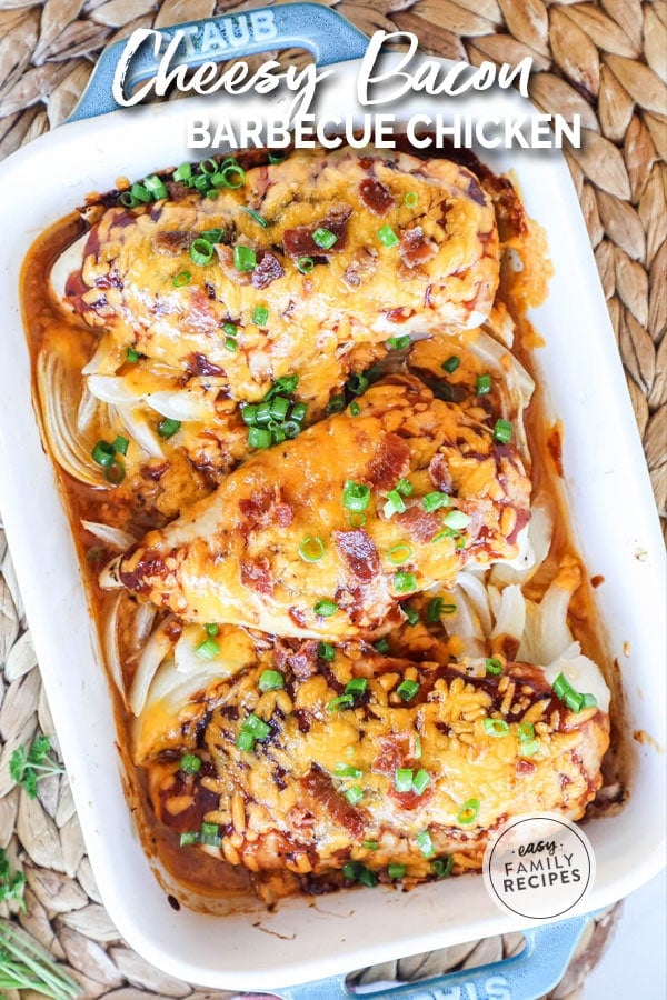 Cheesy Bacon BBQ Chicken (like chilis) Baked in Oven on a table