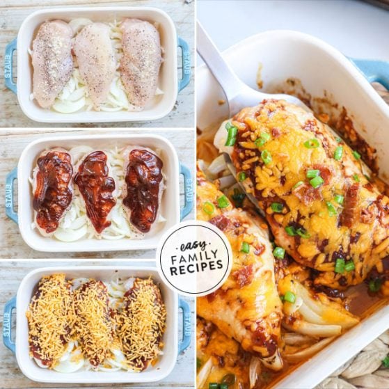 Step by step for making Cheesy Bacon BBQ Chicken - 1. Place seasoned chicken breast on top of sliced onions 2. Top with BBQ sauce 3. Top with cheese. 4. Add crispy crumbled bacon and green onions