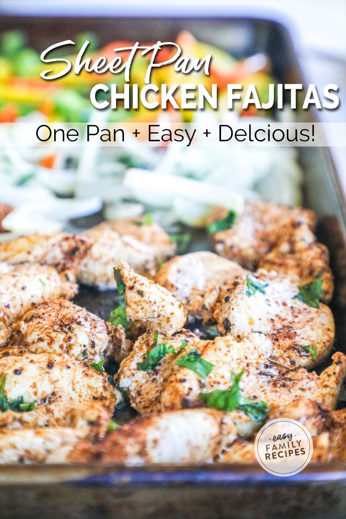CLose up of sheet pan chicken fajitas using chicken breast