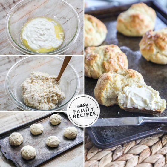 Step by step for making easy no yeast dinner rolls.1. combine butter and yogurt in a bowl. 2 Mix in dry ingredients to form dough. 3. Shape into balls on a baking sheet